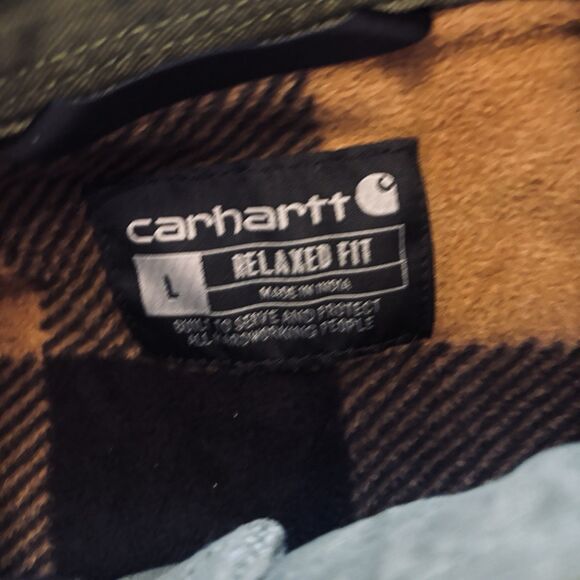 Carhartt Jacket Men's Large Green Canvas Flannel Lined Shirt Shacket Chore coat - Picture 8 of 16